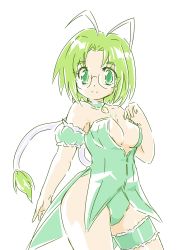 1girl arm_garter breasts choker cleavage female_focus frilled_thigh_strap glasses green_eyes green_hair green_leotard hair_tubes leotard long_hair magical_girl medium_breasts mew_lettuce midorikawa_lettuce okuri_ookami short_hair smile solo thigh_strap tokyo_mew_mew very_long_hair white_background