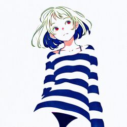1girl absurdres bikini bikini_under_clothes black_bikini black_panties blending blue_shirt firework_japan highres no_pants original panties shirt short_hair simple_background solo striped_clothes striped_shirt swimsuit underwear white_background white_shirt