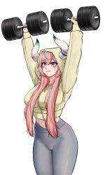 1girl :t absurdres alternate_costume alternate_hairstyle aqua_hair arms_up bandaid_on_horn blush breasts cameltoe closed_mouth commentary contemporary cow_girl cow_horns cowboy_shot curled_horns dumbbell english_commentary exercising genshin_impact grey_pants hair_down highres holding holding_dumbbell hood hood_up hoodie horns horns_through_hood joonibell large_breasts long_hair long_sleeves midriff multicolored_hair navel pants pink_hair purple_eyes simple_background solo standing streaked_hair sweatdrop tight_clothes tight_pants two-tone_hair varesa_(genshin_impact) weightlifting white_background white_horns yellow_hoodie yoga_pants
