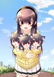 Rule 34 | absurdres, animal ears, animal hands, black hair, black hairband, blush, brown eyes, building, cardigan, cat ears, cat paws, cloud, collarbone, cowboy shot, dual persona, hair between eyes, hair over shoulder, hairband, highres, holding, holding mini person, kimi to kanojo to kanojo no koi., kokosen, long hair, long sleeves, mini person, minigirl, multiple girls, nitroplus, nyan, open mouth, pleated skirt, pocket, red eyes, sailor collar, school uniform, serafuku, skirt, sky, smile, sone miyuki, straight hair, white sailor collar, white serafuku, white skirt, yellow cardigan