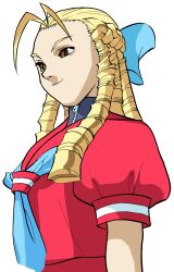 Rule 34 | 1girl, ahoge, antenna hair, bengus, black undershirt, blonde hair, blue eyes, bow, brown eyes, game cg, hair bow, highres, kanzuki karin, long hair, non-web source, official art, portrait, red sailor collar, red serafuku, ringlets, sailor collar, school uniform, serafuku, simple background, smile, smirk, smug, solo, street fighter, street fighter zero (series), upper body, white background, zipper