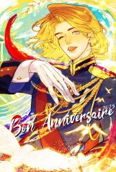 Rule 34 | 1boy, aiguillette, axis powers hetalia, bird, blonde hair, blue eyes, blue jacket, facial hair, france (hetalia), gloves, goatee stubble, high collar, highres, jacket, long sleeves, looking at viewer, male focus, medium hair, military jacket, military uniform, one eye closed, open mouth, red sash, sash, smile, solo, stubble, tri4834, upper body