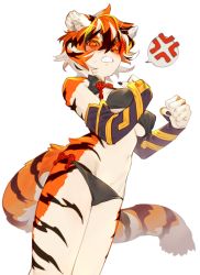 1girl alternate_costume anger_vein animal_ears arknights bikini black_bikini black_hair black_nails blush breasts clenched_hand clenched_teeth commentary cowboy_shot detached_sleeves from_below fur furry furry_female glasses hair_between_eyes hand_on_own_chest highres kochiya_(gothope) looking_at_viewer medium_breasts multicolored_hair nail_polish navel orange-tinted_eyewear orange_eyes orange_hair paid_reward_available rimless_eyewear round_eyewear scowl short_hair simple_background solo spoken_anger_vein standing stomach sweatdrop swimsuit tail teeth tiger_ears tiger_girl tiger_tail tinted_eyewear waai_fu_(arknights) white_background white_hair