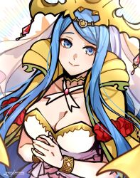 1girl blue_eyes blue_hair breasts cleavage crown dress fire_emblem fire_emblem_engage gold_crown highres large_breasts long_hair looking_at_viewer lumera_(fire_emblem) mature_female merylemons nintendo smile solo
