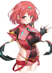 1girl absurdres blush bob_cut breasts chest_jewel core_crystal_(xenoblade) covered_navel cropped_legs earrings fingerless_gloves floating_earrings gloves headpiece highres impossible_clothes jewelry large_breasts looking_to_the_side micro_shorts pantyhose pigekn2 pyra_(xenoblade) red_eyes red_hair red_shorts short_hair shorts skindentation solo suspenders_hanging swept_bangs thighhighs thighhighs_over_pantyhose tiara white_background xenoblade_chronicles_(series) xenoblade_chronicles_2