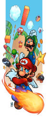 2boys block_(object) blue_sky bob-omb boo_(mario) brothers bullet_bill coin colorized facial_hair feathers fire fire_mario fireball gloves gold_coin grin hat highres jumping koopa_troopa looking_at_viewer luigi mario mario_(series) mountain multiple_boys mustache nintendo power-up serious siblings sky smile smoking_pipe super_star_(mario) super_mario_bros._1 super_mario_bros._3 super_mario_world super_mushroom toad_(mario) warp_pipe yoshi