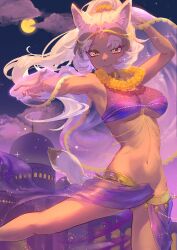 1girl alternate_costume animal_ear_fluff animal_ears armpits arms_up bracer breasts chicha_(chi_cha_rigbo) circlet dancer dancing dark-skinned_female dark_skin full_moon gluteal_fold green_eyes grey_hair groin harem_outfit high_ponytail highres indian_wolf_(kemono_friends) jewelry kemono_friends kemono_friends_3 light_smile long_hair looking_at_viewer medium_breasts moon multicolored_hair navel night night_sky outdoors outstretched_arm outstretched_leg parted_lips ponytail sky solo spread_legs stomach tail underboob veil wolf_ears wolf_girl wolf_tail