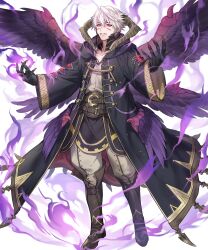 Rule 34 | aura, black coat, black hair, black wings, body markings, claws, coat, dark aura, extra eyes, feathered wings, fire emblem, fire emblem awakening, fire emblem heroes, glowing markings, highres, looking at viewer, male robin (fire emblem), male robin (grima) (fire emblem), male robin (grima) (tyrant of ruin) (fire emblem), nintendo, non-web source, official art, parted lips, partial transformation, red eyes, smile, solo, tachi-e, white background, wings