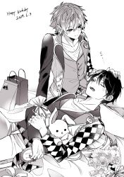 2boys absurdres ace_trappola asymmetrical_clothes asymmetrical_jacket blush bouquet bow buttons closed_eyes closed_mouth collarbone commentary_request crew_neck dated deuce_spade double-parted_bangs facial_mark flower gift_bag hair_between_eyes hand_on_another&#039;s_head happy_birthday heart highres holding holding_letter holding_stuffed_toy jacket lap_pillow lapels letter light_smile long_sleeves lying male_focus mofu_twst multiple_boys notched_lapels on_back open_clothes open_jacket open_mouth pants patterned_clothing ribbon rose shirt short_hair sitting sleeping spade_(shape) stuffed_animal stuffed_rabbit stuffed_toy teeth tongue twisted_wonderland upper_teeth_only vest
