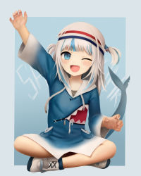 Rule 34 | 1girl, ;d, absurdres, arm up, blue background, blue eyes, commentary, crumbles, drawstring, english commentary, fins, fish tail, gawr gura, gawr gura (1st costume), highres, hololive, hololive english, indian style, long hoodie, long sleeves, looking at viewer, multicolored hair, one eye closed, open mouth, outside border, shark tail, sharp teeth, shoes, sitting, smile, solo, streaked hair, tail, teeth, two side up, virtual youtuber, white hair, white shoes