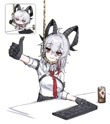 1girl ahoge bags_under_eyes black_gloves black_horns can chest_harness closed_mouth collared_shirt commentary computer_keyboard curled_horns derivative_work drink_can english_commentary gloves hair_between_eyes harness horns li_nauu long_hair mole mole_under_eye multicolored_hair necktie no_jacket noose red_eyes red_necktie shirt smile solo streaked_hair thumbs_up white_shirt wuthering_waves zani_(wuthering_waves)