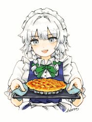 1girl apron back_bow blue_skirt blue_vest bow bowtie braid collared_shirt cropped_torso green_bow green_bowtie grey_eyes grey_hair hair_bow highres holding holding_tray izayoi_sakuya medium_hair open_mouth puffy_short_sleeves puffy_sleeves shirt short_sleeves signature simple_background skirt solo teeth touhou tray triangle_mouth twin_braids upper_body upper_teeth_only vest waist_apron wasabisuke white_apron white_background white_bow white_shirt