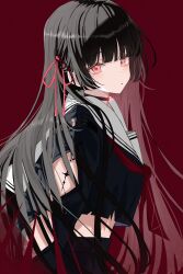 1girl arm_cutout black_hair black_shirt black_skirt bow breasts celly_(mogmog_99) chisa_(wuthering_waves) closed_mouth commentary crop_top from_side hair_ribbon highres long_hair looking_at_viewer medium_breasts mole mole_under_eye neckerchief red_bow red_eyes red_neckerchief red_ribbon ribbon sailor_collar shirt simple_background skirt solo upper_body white_sailor_collar wuthering_waves