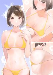 1girl absurdres ass bikini blush breasts breasts_apart brown_hair closed_mouth collarbone commentary_request commission emodelas hayami_daiya highres large_breasts lying micro_bikini multiple_views navel on_side pixiv_commission purple_eyes second-party_source short_hair side-tie_bikini_bottom smile standing stomach swept_bangs swimsuit tetsudou_musume thighs yellow_bikini