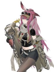 Rule 34 | 1girl, absurdres, animal ears, arknights, belt, black shirt, black shorts, brown jacket, brown pantyhose, closed mouth, cowboy shot, crop top, cropped shirt, expressionless, fringe trim, gloves, grey belt, groin, hatsumi0515, highres, jacket, long hair, looking at viewer, midriff, multicolored hair, navel, off shoulder, pantyhose, pink hair, purple eyes, purple hair, ray (arknights), shirt, short shorts, short sleeves, shorts, simple background, single ear down, solo, standing, staring, streaked hair, visor cap, whistle, white background, yellow gloves