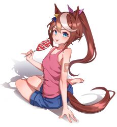 Rule 34 | 1girl, absurdres, animal ears, arm support, award ribbon, bandaid, bandaid on arm, bare arms, bare shoulders, barefoot, blue eyes, blue shorts, blush, bow, brown hair, camisole, candy, commentary request, food, hair between eyes, hair bow, highres, holding, holding candy, holding food, holding lollipop, horse ears, horse girl, horse tail, kkoz 555, lollipop, long hair, looking at viewer, multicolored hair, pink bow, pink camisole, ponytail, shadow, shirt, shorts, simple background, sitting, sleeveless, sleeveless shirt, smile, soles, solo, spaghetti strap, streaked hair, swirl lollipop, tail, tokai teio (umamusume), tongue, tongue out, umamusume, white background, white hair, yokozuwari