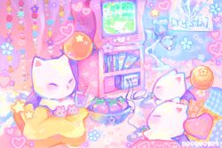 Rule 34 | animal ears, artist name, bat wings, beads, blush, bowl, closed eyes, colorful, commentary, cup, english commentary, final fantasy, food, game console, gamecube, gamecube controller, gen 1 pokemon, heart, heisei retro, highres, holding, holding cup, hue shifting, indoors, kirby, kirby (series), moogle, neogeopet, nintendo, no humans, orb, pikachu, pillow, playing games, pokemon, poster (object), slippers, star (symbol), television, white fur, wings, yume kawaii