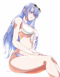 Rule 34 | 1girl, artist name, bikini, blue hair, breasts, closed mouth, eyewear on head, front-tie bikini top, front-tie top, hair between eyes, hokuto mitsuki, large breasts, long hair, parted bangs, purple eyes, sidelocks, simple background, sitting, smile, solo, sunglasses, swimsuit, tokyo xanadu, white background, white bikini, xiacheng tatsuya