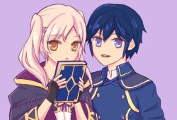 1boy 1girl :d :o aged_down black_robe blanketwalrus blue_eyes blue_hair blue_shirt braid child chrom_(fire_emblem) chrom_(young)_(fire_emblem) collared_shirt commentary english_commentary female_robin_(fire_emblem) female_robin_(young)_(fire_emblem) fingerless_gloves fire_emblem fire_emblem_awakening fire_emblem_heroes gloves holding long_hair looking_at_viewer nintendo open_clothes open_mouth open_robe purple_background robe shirt simple_background smile teeth tongue twintails upper_body upper_teeth_only white_hair white_shirt