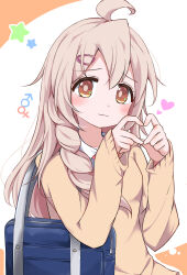 1girl :3 ahoge alternate_hairstyle bag brown_eyes commentary four-finger_heart_hands gyaru hair_between_eyes hair_ornament hair_over_shoulder hairclip heart heart_hands highres kazura kogal light_blush long_hair long_sleeves looking_at_viewer mars_symbol onii-chan_wa_oshimai! oyama_mahiro pink_hair school_bag simple_background smile solo star_(symbol) upper_body venus_symbol white_background