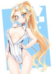 1girl blonde_hair blue_eyes breasts cleavage_cutout clothing_cutout female_focus front_zipper_swimsuit_(realise) hands_on_own_hips large_breasts long_hair meme_attire naka_akira one-piece_swimsuit original pointy_ears ponytail solo standing swimsuit tiara very_long_hair