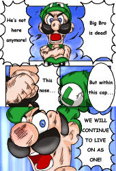 4koma comic english_text facial_hair hard-translated lowres luigi mario_(series) mustache nintendo parody sideburns super_mario_bros._1 tengen_toppa_gurren_lagann third-party_edit translated yoshi