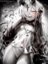 1girl aged_down arknights artist_name bikini bilibili_username breasts cameltoe chinese_commentary commentary_request cowboy_shot dragon_girl dragon_horns dragon_tail greyscale hair_over_one_eye heart highleg highleg_bikini highres horns kupa_(jesterwii) loli long_hair monochrome navel necrass_(arknights) necrass_(summer_flowers)_(arknights) official_alternate_costume open_mouth paid_reward_available see-through_clothes small_breasts solo spot_color swimsuit tail tongue tongue_out yellow_eyes
