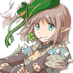 1girl bicorne blue_eyes blue_jacket bow breasts brown_gloves brown_hair closed_mouth clover commentary_request cross-laced_clothes cross-laced_gloves cross-laced_top elbow_gloves fingerless_gloves four-leaf_clover fur-trimmed_jacket fur_trim gloves green_hat hat hat_bow jacket looking_at_viewer medium_breasts mouth_hold natsuya_(kuttuki) plume pointy_ears ragnarok_online shadow_chaser_(ragnarok_online) short_hair simple_background smile solo stalk_in_mouth upper_body white_background