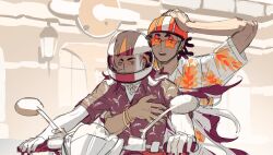 2boys alternate_costume arm_up black_hair black_nails bracelet collared_shirt hand_on_headwear helmet highres holding jewelry long_hair male_focus molymes motor_vehicle motorcycle multicolored_hair multiple_boys nail_polish nintendo on_motorcycle open_mouth outdoors piers_(pokemon) pokemon pokemon_swsh raihan_(pokemon) shirt short_sleeves sitting teeth two-tone_hair upper_teeth_only