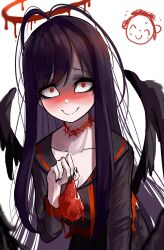 1girl absurdres antenna_hair black_hair black_nails black_serafuku black_wings blood blood_halo blue_archive blush breasts cleavage closed_mouth commentary doodle_sensei_(blue_archive) gift halo highres holding holding_gift liquid_halo looking_at_viewer nervous_smile nose_blush red_eyes remirii school_uniform sensei_(blue_archive) serafuku simple_background smile solo tsurugi_(blue_archive) white_background wings