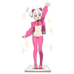 1girl :d animal_ears arm_up backpack bag blush boots breasts cropped_jacket full_body grey_hair groin hatsunatsu jacket long_sleeves looking_at_viewer lowleg lowleg_pants navel notice_lines open_mouth original pants pink_boots pink_jacket pink_pants puffy_long_sleeves puffy_sleeves red_eyes simple_background small_breasts smile solo sparkle standing thigh_boots twintails white_background