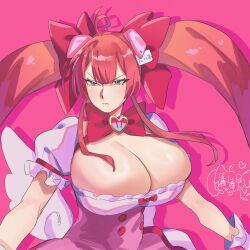 1girl ahoge bow breasts cleavage dress green_eyes hair_bow highres large_breasts long_hair looking_at_viewer luci_omi_gusu mahjong_fight_girl mitsumoto_dia mole mole_under_eye pink_background pink_dress pink_hair serious solo upper_body