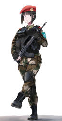 1girl absurdres assault_rifle beret black_eyes black_hair blunt_bangs bob_cut boots bullpup camouflage china combat_boots commentary digital_camouflage epaulettes female_focus fingerless_gloves gloves gun hat highres knee_pads load_bearing_vest looking_at_viewer marching military military_combat_uniform military_uniform nguyen_tam_lee original paratrooper qbz-95 rifle short_hair simple_background soldier solo weapon white_background