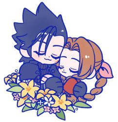 Rule 34 | 105zz, 1boy, 1girl, :3, aerith gainsborough, armor, bangle, black gloves, black hair, blush, bracelet, braid, braided ponytail, brown hair, closed eyes, closed mouth, commentary request, couple, crisis core final fantasy vii, drill hair, drill sidelocks, facial scar, final fantasy, final fantasy vii, final fantasy vii rebirth, final fantasy vii remake, flower, gloves, hair ribbon, hand on another&#039;s back, heads together, jacket, jewelry, lowres, parted bangs, pink flower, pink ribbon, ponytail, red jacket, ribbed sweater, ribbon, scar, scar on cheek, scar on face, shoulder armor, sidelocks, simple background, smile, spiked hair, sweater, turtleneck, turtleneck sweater, upper body, white background, white flower, yellow flower, zack fair