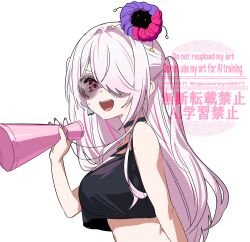 Rule 34 | 1girl, :d, bare arms, bare shoulders, black choker, black shirt, blush, breasts, choker, crop top, crop top overhang, from side, hair over one eye, hand up, holding, holding megaphone, long hair, medium breasts, megaphone, multicolored hair, nail polish, nijisanji, ninahachi, open mouth, pink eyes, pink hair, pink nails, shiina yuika, shirt, simple background, small sweatdrop, smile, solo, streaked hair, sweat, two side up, upper body, v-shaped eyebrows, very long hair, virtual youtuber, watermark, white background, white hair