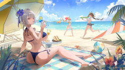 3girls :o abroccoli animal_ears arm_support artist_logo ass ball bangle bare_arms bare_legs bare_shoulders barefoot beach beach_chair beach_mat beach_umbrella beachball bikini blonde_hair blue_bikini blue_eyes blue_flower blue_shorts blue_sky bracelet braid braided_ponytail breasts brown_hair cloud commentary_request crop_top cup day denim denim_shorts feet floating_hair flower food fruit grey_hair hair_bun hair_flower hair_intakes hair_ornament highres holding holding_cup holding_water_gun horizon jewelry large_breasts lemon lemon_slice logo looking_at_viewer looking_back multiple_girls ocean open_mouth original outdoors parted_lips red_eyes red_flower running sand sandals sandwich sarong shore short_shorts shorts side-tie_bikini_bottom simple_bird single_hair_bun single_sandal sitting sky smile soles starfish string_bikini summer swimsuit tail toes tropical_drink umbrella water_gun white_sarong yellow_flower