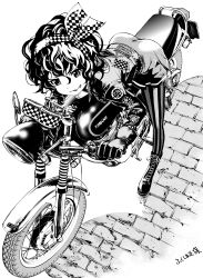 10s 1girl absurdres amano_onsa ass bakuon!! bent_over black_hair boots curly_hair female_focus fukushima_masayasu full_body gloves greyscale hair_between_eyes hair_ornament hairband highres jacket lace-up_boots long_sleeves masayasuf monochrome motor_vehicle motorcycle pantyhose pavement popped_collar product_placement riding short_hair smile solo sticker striped_clothes striped_pantyhose vertical-striped_clothes vertical-striped_pantyhose yamaha
