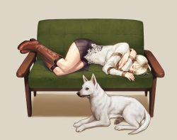 1girl azasuke black_skirt boots breasts brown_boots capcom cleavage closed_eyes demento dog female_focus fiona_belli full_body hewie large_breasts lying miniskirt on_side platinum_blonde_hair short_hair skirt sleeping solo