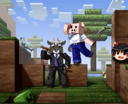 2girls apple black_hair black_jacket black_pants black_shoes block_(minecraft) blue_hair blue_pants blue_sky bow chicken_(minecraft) cloud commentary_request cow_(minecraft) creeper crossover day fish_in_mouth fishing_rod food formal_clothes fruit full_body golden_apple hair_bow hakurei_reimu hatsune_miku highres holding holding_fishing_rod holding_pickaxe jacket kumatyu looking_at_viewer minecraft minecraft_(style) multiple_crossover multiple_girls necktie open_mouth outdoors pants pickaxe pig_(minecraft) purple_necktie red_bow shirt shoes short_hair shovel sky smile standing suit touhou tree twintails vocaloid white_shirt yukkuri_shiteitte_ne