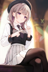 beret black_hat black_pantyhose black_vest braid breasts collared_shirt crossed_legs grey_hair hair_ribbon hat highres komone_ushio long_hair long_sleeves medium_breasts necktie original pantyhose pleated_skirt purple_eyes red_ribbon ribbon school_uniform shirt sitting skirt twin_braids vest white_shirt white_skirt
