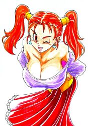 1girl area5169458561 bent_over breasts cleavage dragon_quest dragon_quest_viii earrings hanging_breasts highres huge_breasts jessica_albert jewelry red_hair square_enix twintails