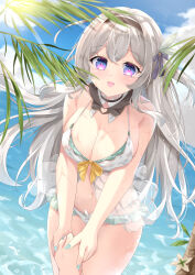 1girl 1other absurdres alternate_costume bare_shoulders beach bikini black_hairband blush breasts firefly_(honkai:_star_rail) green_nails grey_hair grey_nails hair_between_eyes hair_ornament hairband highres holding holding_hands honkai:_star_rail honkai_(series) kishimaharuno large_breasts leaning_forward long_hair navel open_mouth pink_eyes see-through_clothes smile solo stomach swimsuit white_bikini