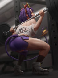 Rule 34 | 1girl, absurdres, ass, black boots, black socks, blurry, blurry background, boots, bow, bra, bra visible through clothes, breasts, commentary, commission, cropped shirt, demon tail, earbuds, earphones, earrings, english commentary, exercising, from behind, full body, gym, gym shorts, hair bow, highres, horns, indie virtual youtuber, indoors, jewelry, light particles, looking at viewer, looking back, medium breasts, muscular, muscular female, numanoan, onigiri (vtuber), print shirt, pump, purple hair, purple shorts, purple tail, red bow, red bra, shirt, short hair, shorts, single bare shoulder, socks, solo, squat (exercise), squatting, striped clothes, sweat, tail, underwear, virtual youtuber, watch, weightlifting, weights, wet, wet clothes, wet shirt, white shirt, wristwatch, yellow eyes, yellow horns