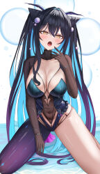 Rule 34 | 1girl, absurdres, black hair, blue hair, breasts, brown gloves, cleavage, colored inner hair, cone hair bun, double bun, gloves, goddess of victory: nikke, hair bun, highres, kitin, large breasts, little mermaid (nikke), looking at viewer, multicolored hair, open mouth, single leg pantyhose, solo, thighs, two-tone hair, white background, yellow eyes