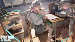 2girls ? absurdres bag blowing_bubble_gum blush bow chair chewing_gum closed_mouth desk firefly_(honkai:_star_rail) green_bow green_eyes grey_hair grey_skirt handheld_game_console highres holding holding_handheld_game_console holding_pen honkai:_star_rail honkai_(series) letter long_hair long_sleeves looking_at_viewer multicolored_hair multiple_girls notebook official_alternate_costume official_alternate_hairstyle on_chair pen pink_eyes plaid_bow plaid_clothes plaid_skirt ponytail school_bag school_desk school_uniform shirt silver_wolf_(honkai:_star_rail) sitting skirt smile thighhighs white_shirt white_thighhighs writing xiaojuan_(user_ezvt7287)