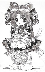 1girl ahoge animal_hat apron bag bell cat_girl cat_hat cat_tail closed_mouth commentary_request dejiko di_gi_charat dress full_body greyscale hair_bell hair_ornament hair_ribbon hat highres holding holding_bag jingle_bell looking_at_viewer medium_hair mittens monochrome neck_bell parted_bangs paw_shoes petticoat puffy_short_sleeves puffy_sleeves ribbon short_sleeves solo standing tail traditional_media two_side_up vsr6w5t3yd94617