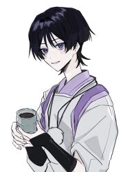 1boy armor black_hair blunt_ends blush clothing_cutout cup fingernails genshin_impact hands_up highres holding holding_cup japanese_armor japanese_clothes kariginu kimono kote kurokote layered_sleeves looking_at_viewer male_focus no6_gnsn open_mouth pale_skin pom_pom_(clothes) purple_eyes purple_kimono purple_sleeves scaramouche_(genshin_impact) scaramouche_(kabukimono)_(genshin_impact) shoulder_cutout sleeves_rolled_up smile solo string tasuki upper_body white_background white_mouth white_sleeves wispy_bangs yunomi