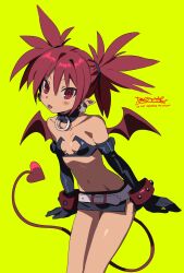 1girl belt betti_(xx_betti) black_choker black_gloves black_skirt choker cowboy_shot demon_tail demon_wings disgaea double_bun earrings elbow_gloves etna_(disgaea) flat_chest gloves green_background hair_bun highres jewelry looking_at_viewer medium_hair microskirt navel pointy_ears red_eyes red_hair side_slit simple_background skirt skull_earrings solo standing stomach tail tongue tongue_out white_belt wings