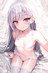 1girl absurdres armpits asumi_sena bare_arms bare_shoulders bikini breasts earrings garter_belt grin highres jewelry long_hair looking_at_viewer multicolored_hair navel pink_eyes side-tie_bikini_bottom sitting small_breasts smile solo stomach streaked_hair string_bikini sugiki swimsuit thighhighs thighs veil very_long_hair virtual_youtuber vspo! white_bikini white_hair white_thighhighs