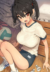 1girl :d ball black_hair blue_buruma blush breasts buruma commentary_request fang gaki_kyonyuu gym_uniform hair_between_eyes highres kaedeko_(kaedelic) large_breasts looking_at_viewer open_mouth oppai_loli red_eyes sasaki_kanna shirt shoes short_hair sitting skin_fang smile sneakers solo thighs twintails volleyball_(object) white_shirt white_shoes